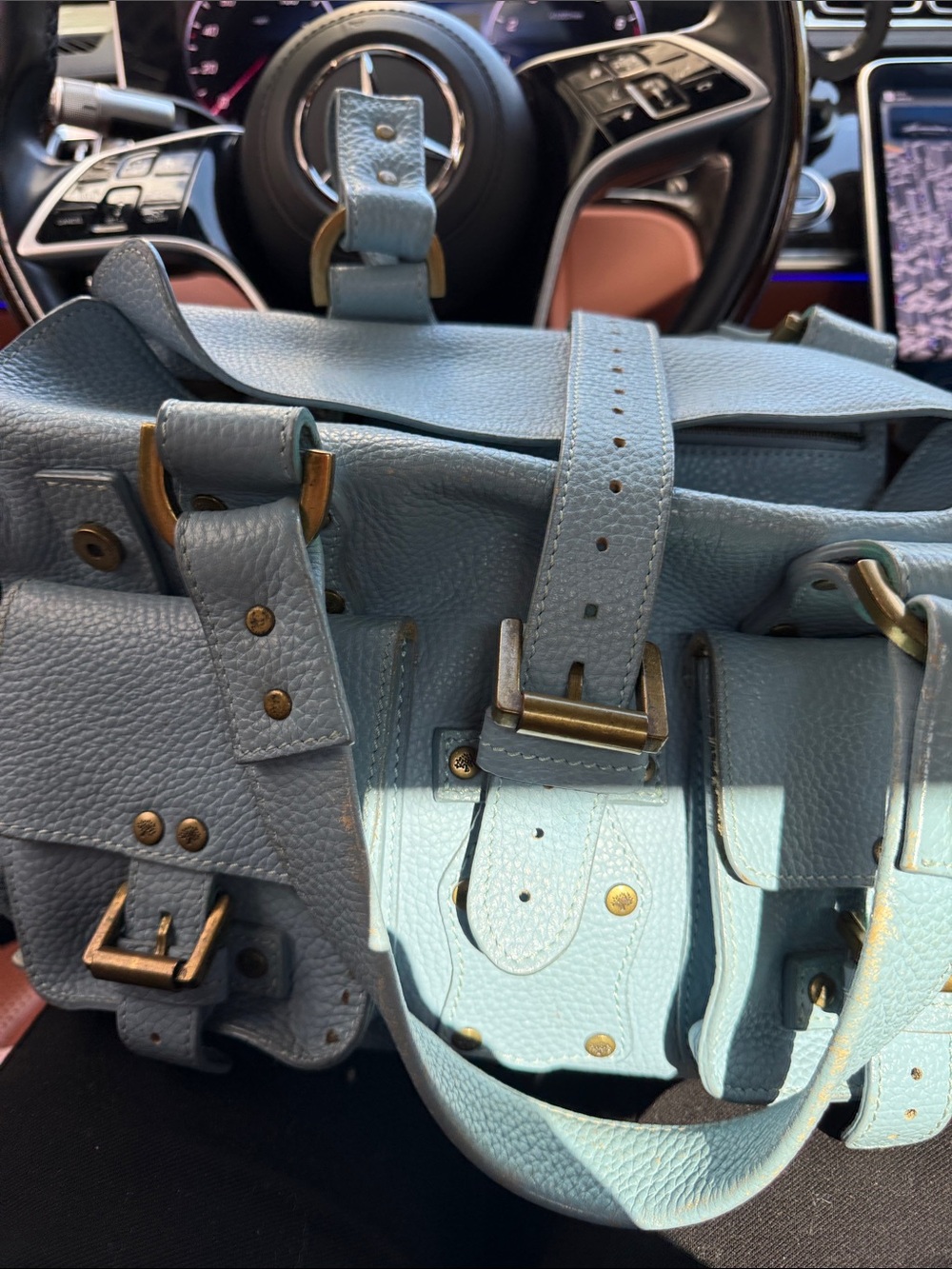 Mulberry Light Blue Pebbled Leather Satchel